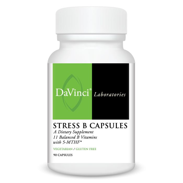 A bottle of Davinci Labs Stress B Capsules, containing 90 capsules, with a label indicating it is a dietary supplement featuring B Vitamins.