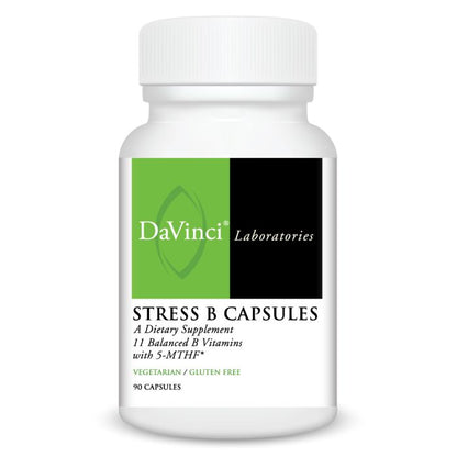 A bottle of Davinci Labs Stress B Capsules, containing 90 capsules, with a label indicating it is a dietary supplement featuring B Vitamins.