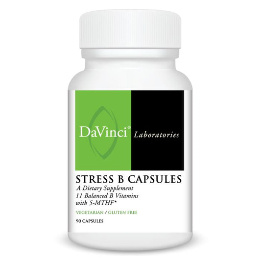 A bottle of Davinci Labs Stress B Capsules, containing 90 capsules, with a label indicating it is a dietary supplement featuring B Vitamins.