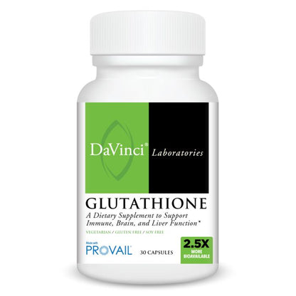 A bottle of DaVinci Laboratories Glutathione dietary supplement with 30 capsules, labeled as 2.5X more absorbable than other forms of glutathione.