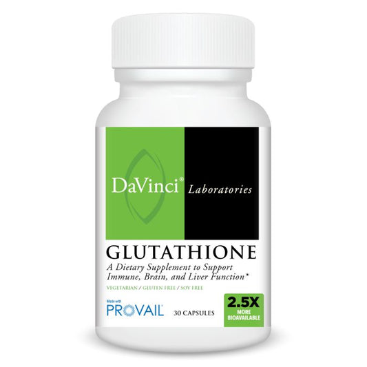 A bottle of DaVinci Laboratories Glutathione dietary supplement with 30 capsules, labeled as 2.5X more absorbable than other forms of glutathione.