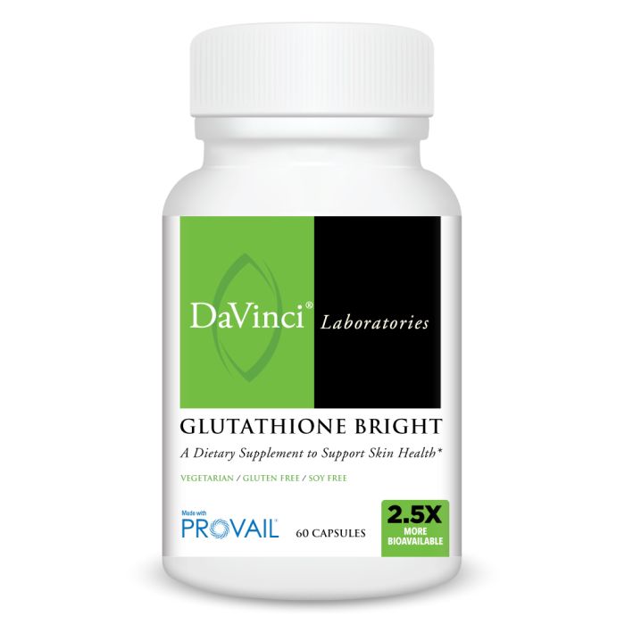 A bottle of Davinci Labs Glutathione Bright, a dietary supplement in support of skin health, with 60 capsules and a label indicating it contains 2.5X more absorbable glutathione.