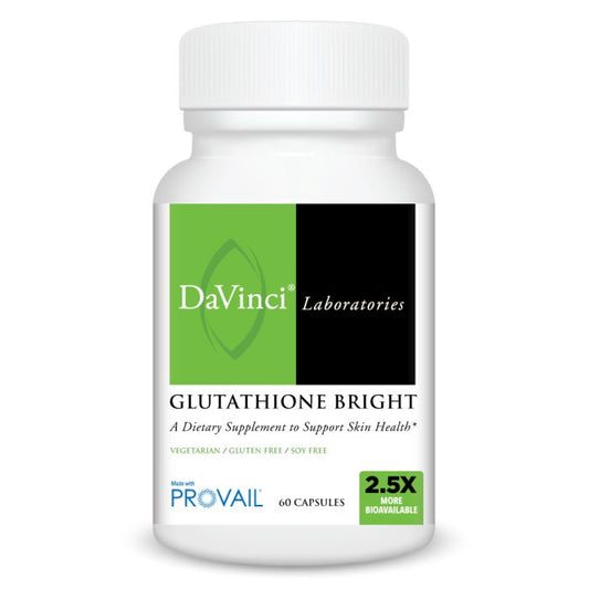 A bottle of Davinci Labs Glutathione Bright, a dietary supplement in support of skin health, with 60 capsules and a label indicating it contains 2.5X more absorbable glutathione.