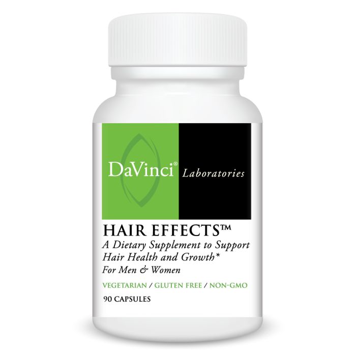 A bottle of Davinci Labs Hair Effects supplement, which is a dietary supplement to support hair health and growth for men and women. The bottle contains 90 capsules and is marked as vegetarian and gluten-free.