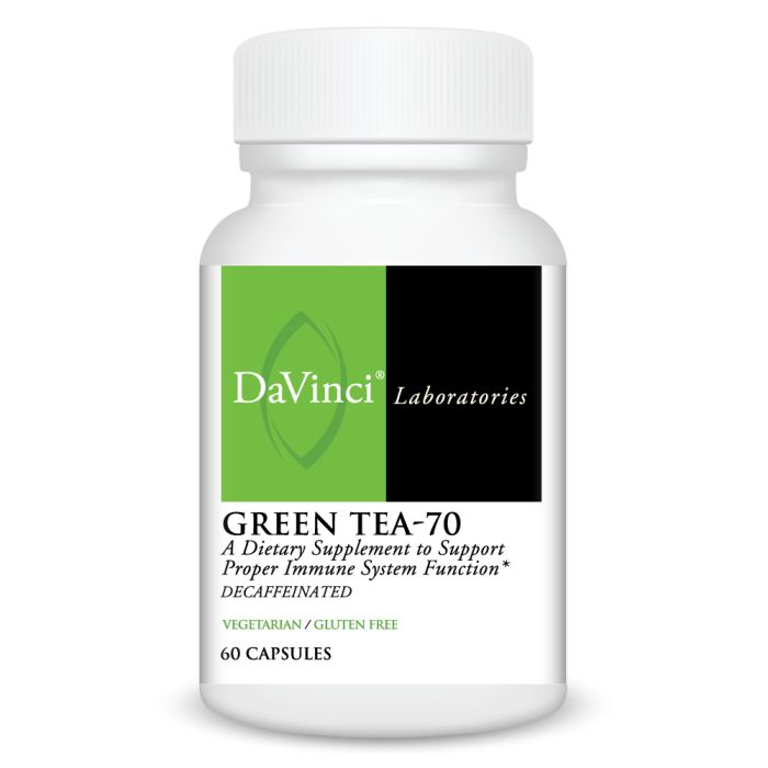 A bottle of Davinci Labs Green Tea-70 dietary supplement with 60 capsules, labeled as decaffeinated and containing 70% EGCG.