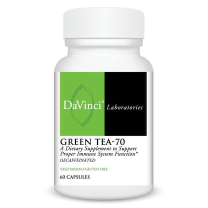 A bottle of Davinci Labs Green Tea-70 dietary supplement with 60 capsules, labeled as decaffeinated and containing 70% EGCG.