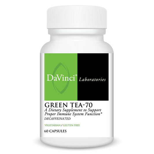 A bottle of Davinci Labs Green Tea-70 dietary supplement with 60 capsules, labeled as decaffeinated and containing 70% EGCG.