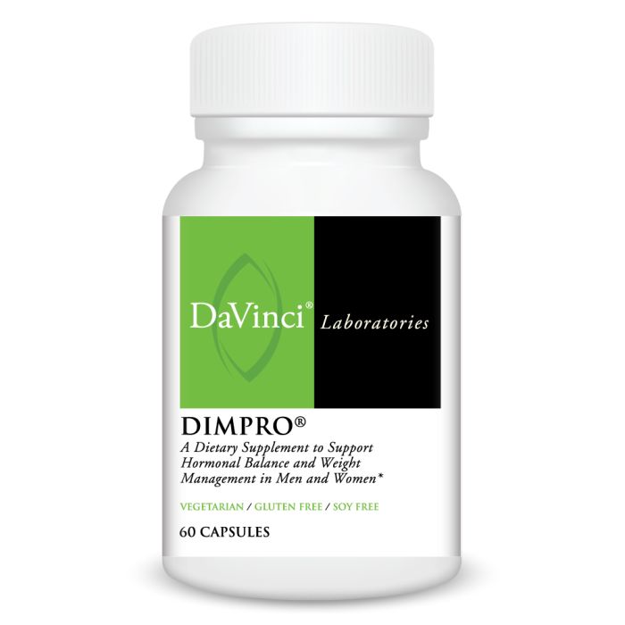 A bottle of DaVinci Laboratories DIMPRO, a dietary supplement in support of hormonal balance and weight management, with 60 capsules.