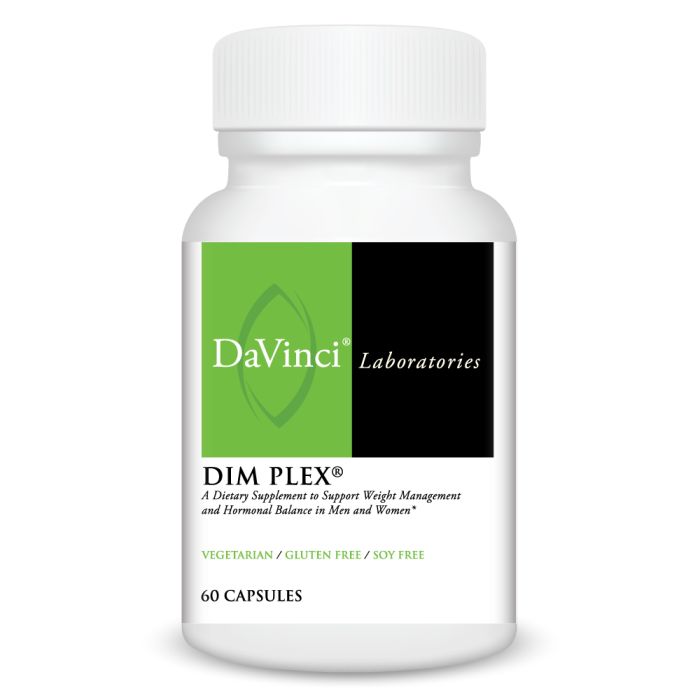 A bottle of DaVinci Laboratories Dim Plex, containing 60 capsules for weight management and hormonal balance.
