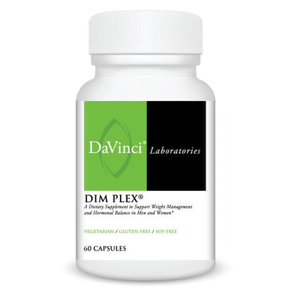 A bottle of DaVinci Laboratories Dim Plex, containing 60 capsules for weight management and hormonal balance.