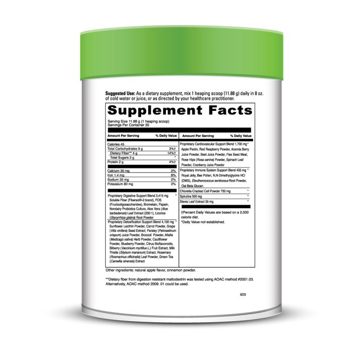 Supplement container with green lid and white label displaying supplement facts.