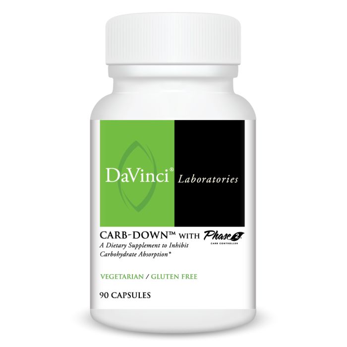 A bottle of DaVinci Laboratories Carb-Down with Phase 2, which has 90 capsules for dietary supplement.