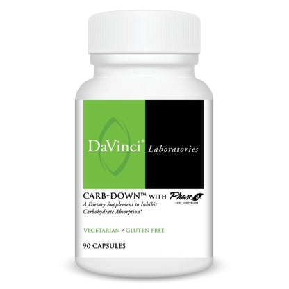 A bottle of DaVinci Laboratories Carb-Down with Phase 2, which has 90 capsules for dietary supplement.