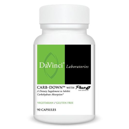 A bottle of DaVinci Laboratories Carb-Down with Phase 2, which has 90 capsules for dietary supplement.