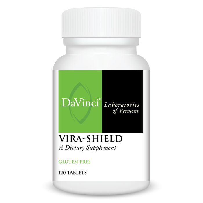 A bottle of DaVinci Laboratories of Vermont Vira Shield dietary supplement with 120 tablets, labeled as gluten-free.