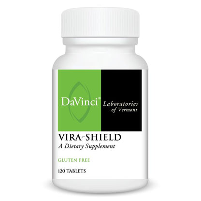 A bottle of DaVinci Laboratories of Vermont Vira Shield dietary supplement with 120 tablets, labeled as gluten-free.