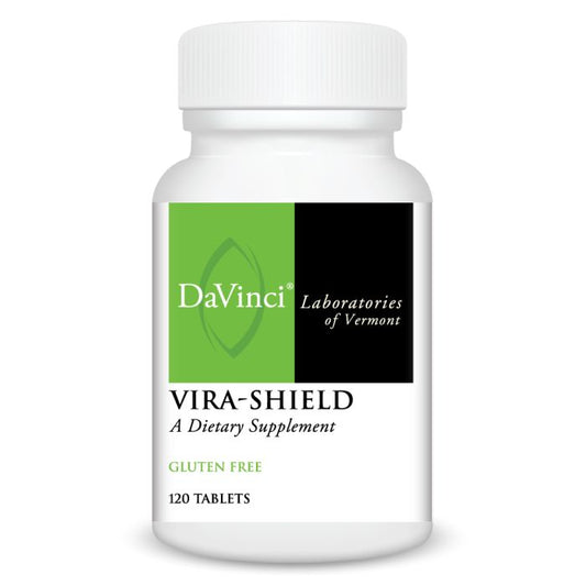 A bottle of DaVinci Laboratories of Vermont Vira Shield dietary supplement with 120 tablets, labeled as gluten-free.
