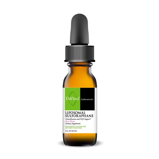 A bottle of Davinci Labs Liposomal Sulforaphane with a dropper, featuring a green label with text and branding.