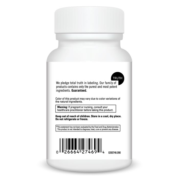 White supplement bottle with label on a white background