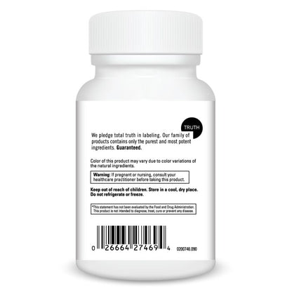 White supplement bottle with label on a white background