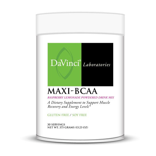 A container of Davinci Labs Maxi-BCAA, a dietary supplement to support muscle recovery and energy levels, with gluten free and soy free indications.