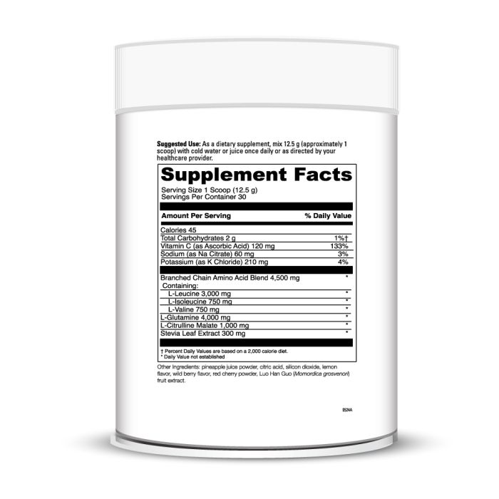 Supplement container with a detailed supplement facts label on a white background
