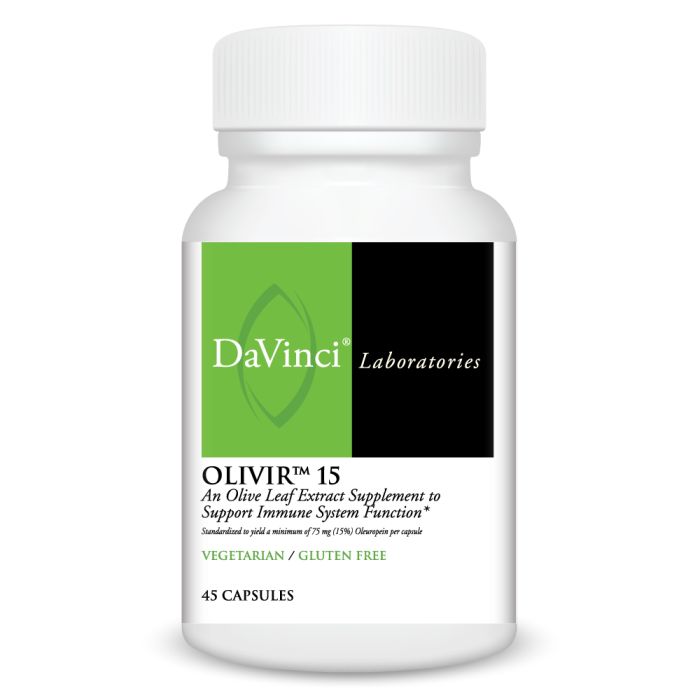A bottle of Davinci Labs Olivir 15, an olive leaf extract supplement to support immune system function, with 45 capsules.