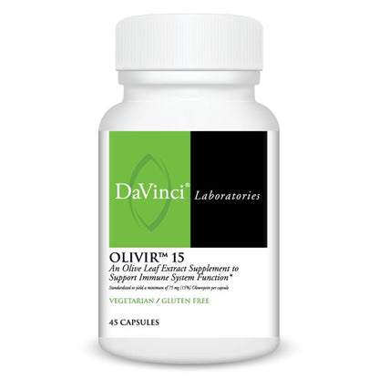 A bottle of Davinci Labs Olivir 15, an olive leaf extract supplement to support immune system function, with 45 capsules.