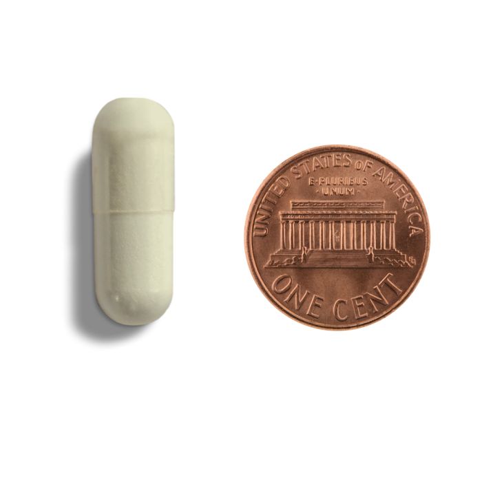 Copper penny and beige capsule on a white background