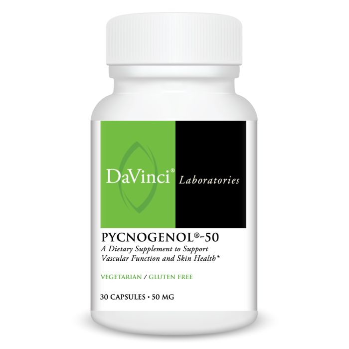 A bottle of Davinci Labs Pycnogenol-50, a dietary supplement to support vascular function and skin health, containing 30 capsules.