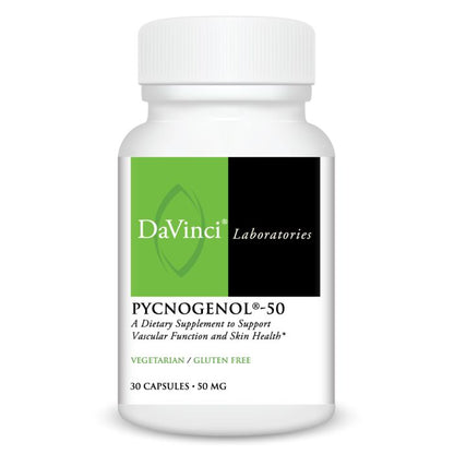 A bottle of Davinci Labs Pycnogenol-50, a dietary supplement to support vascular function and skin health, containing 30 capsules.