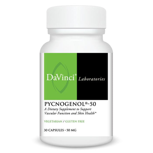 A bottle of Davinci Labs Pycnogenol-50, a dietary supplement to support vascular function and skin health, containing 30 capsules.