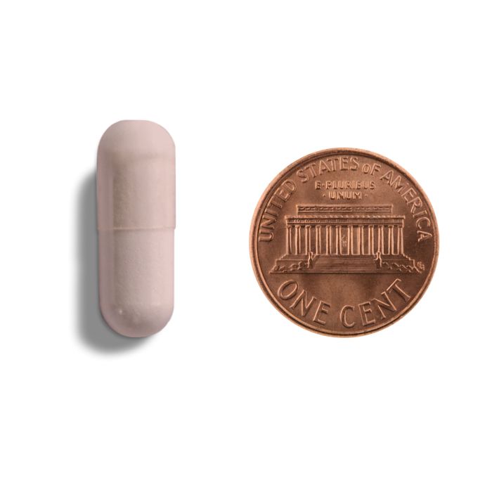 Copper penny and beige capsule on a white background