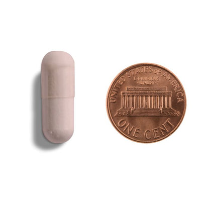 Copper penny and beige capsule on a white background