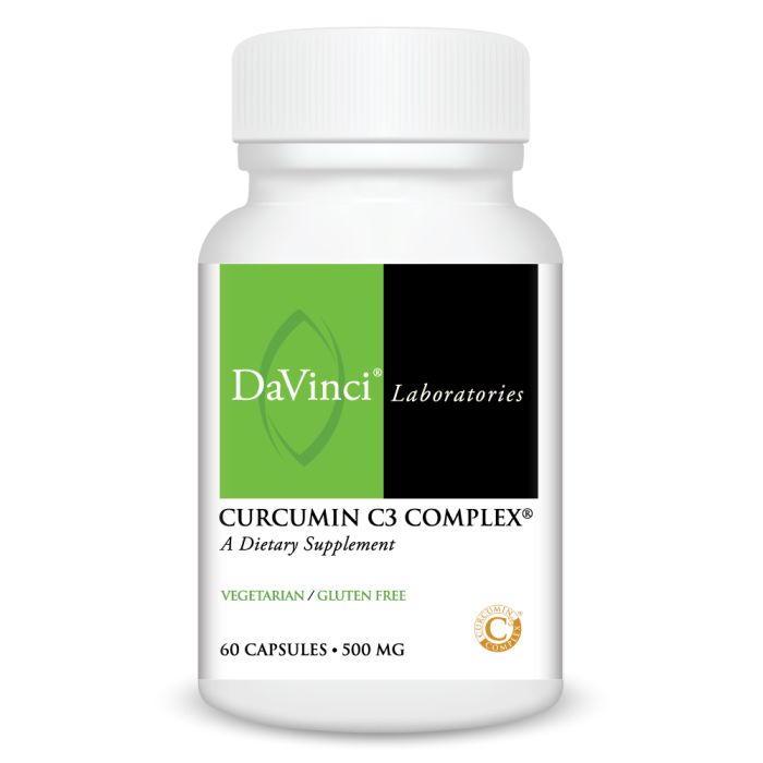 A bottle of DaVinci Laboratories Curcumin C3 Complex dietary supplement with 60 capsules, 500 mg each, labeled as vegetarian and gluten-free.