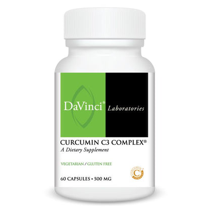 A bottle of DaVinci Laboratories Curcumin C3 Complex dietary supplement with 60 capsules, 500 mg each, labeled as vegetarian and gluten-free.