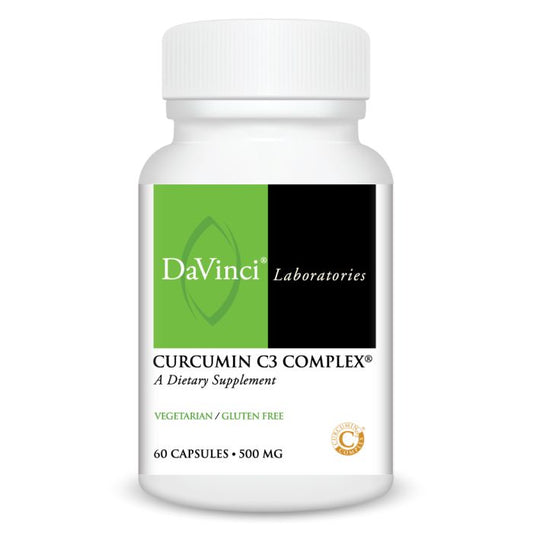 A bottle of DaVinci Laboratories Curcumin C3 Complex dietary supplement with 60 capsules, 500 mg each, labeled as vegetarian and gluten-free.