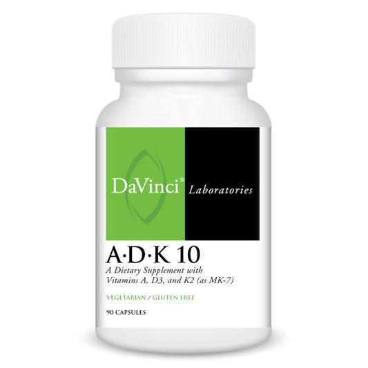 A bottle of Davinci Labs A.D.K 10 dietary supplement with capsules, marked with the brand logo and product information.
