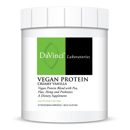 DaVinci Vegan Protein container with creamy vanilla flavor on a white background