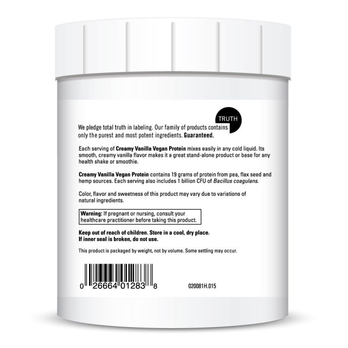 Back label of a container with text and a barcode on a white background