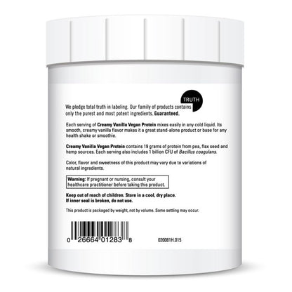 Back label of a container with text and a barcode on a white background