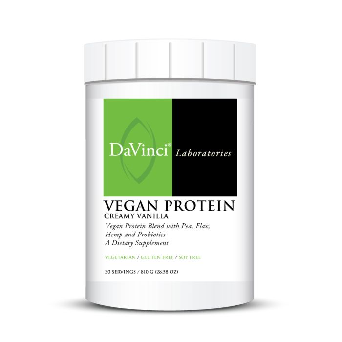 DaVinci Vegan Protein container with creamy vanilla flavor on a white background