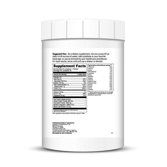 Supplement container with nutritional information on a white background