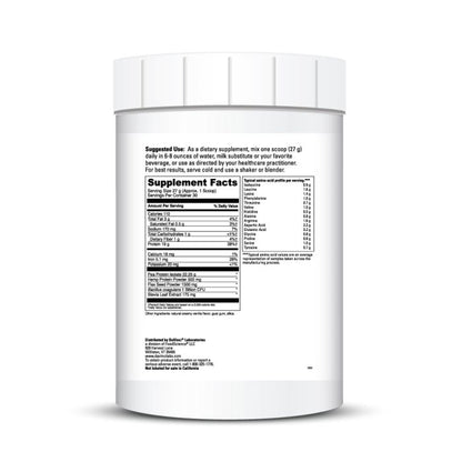 Supplement container with nutritional information on a white background