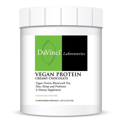 A container of DaVinci Laboratories Vegan Protein in Creamy Chocolate flavor, highlighting its gluten-free and non-GMO properties.