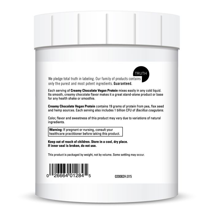 White container with text and barcode on a white background