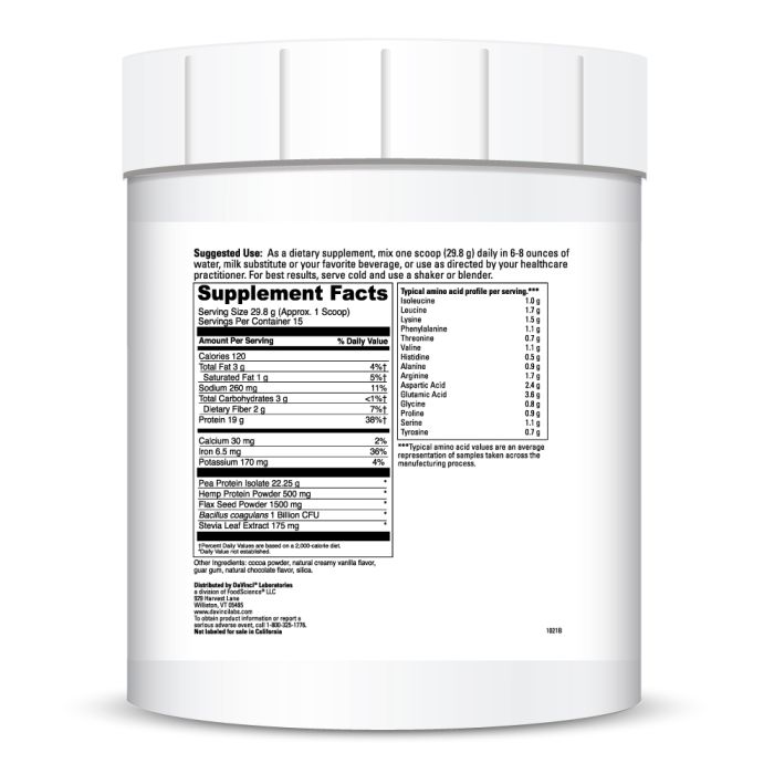Supplement container with detailed nutritional information on a white background