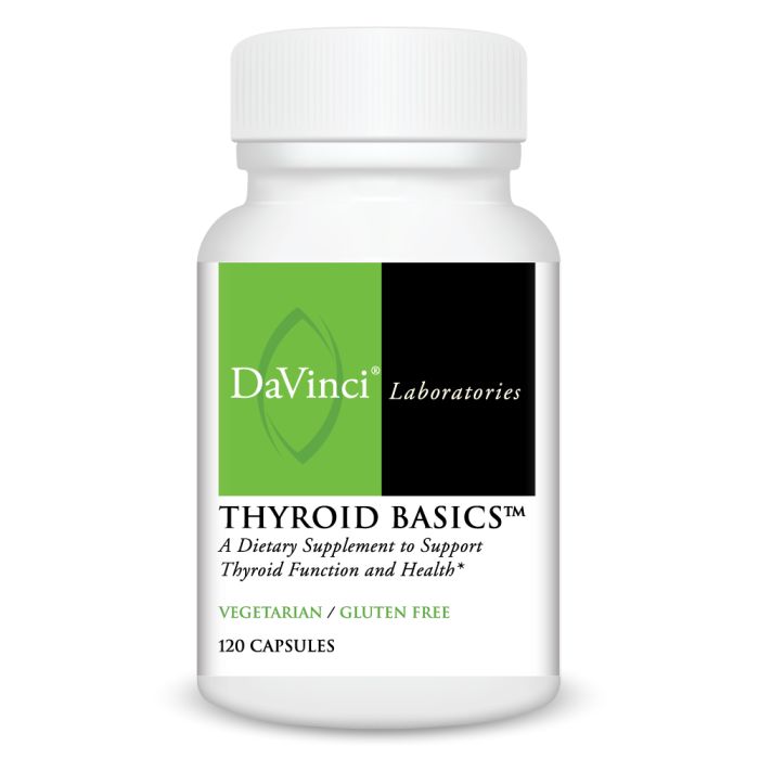 A bottle of DaVinci Laboratories Thyroid Basics dietary supplement, featuring a green and black label, indicating it contains 120 capsules and is vegetarian and gluten-free.