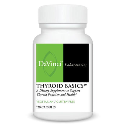 A bottle of DaVinci Laboratories Thyroid Basics dietary supplement, featuring a green and black label, indicating it contains 120 capsules and is vegetarian and gluten-free.