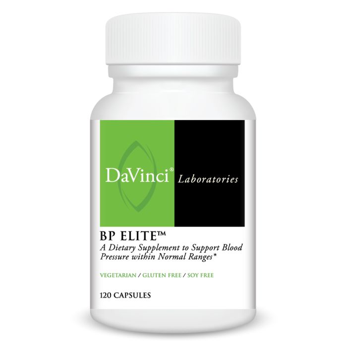 A bottle of DaVinci Labs BP Elite, a dietary supplement to support blood pressure within normal ranges, containing 120 capsules.